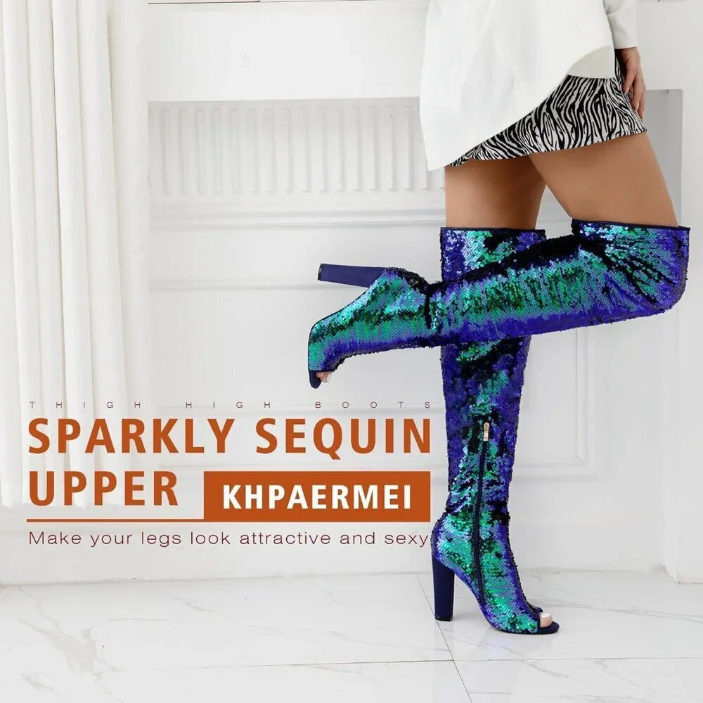 🆕Women Blue Sequin Over The Knee High Party Prom Open Toe Chunky High Heel Boot